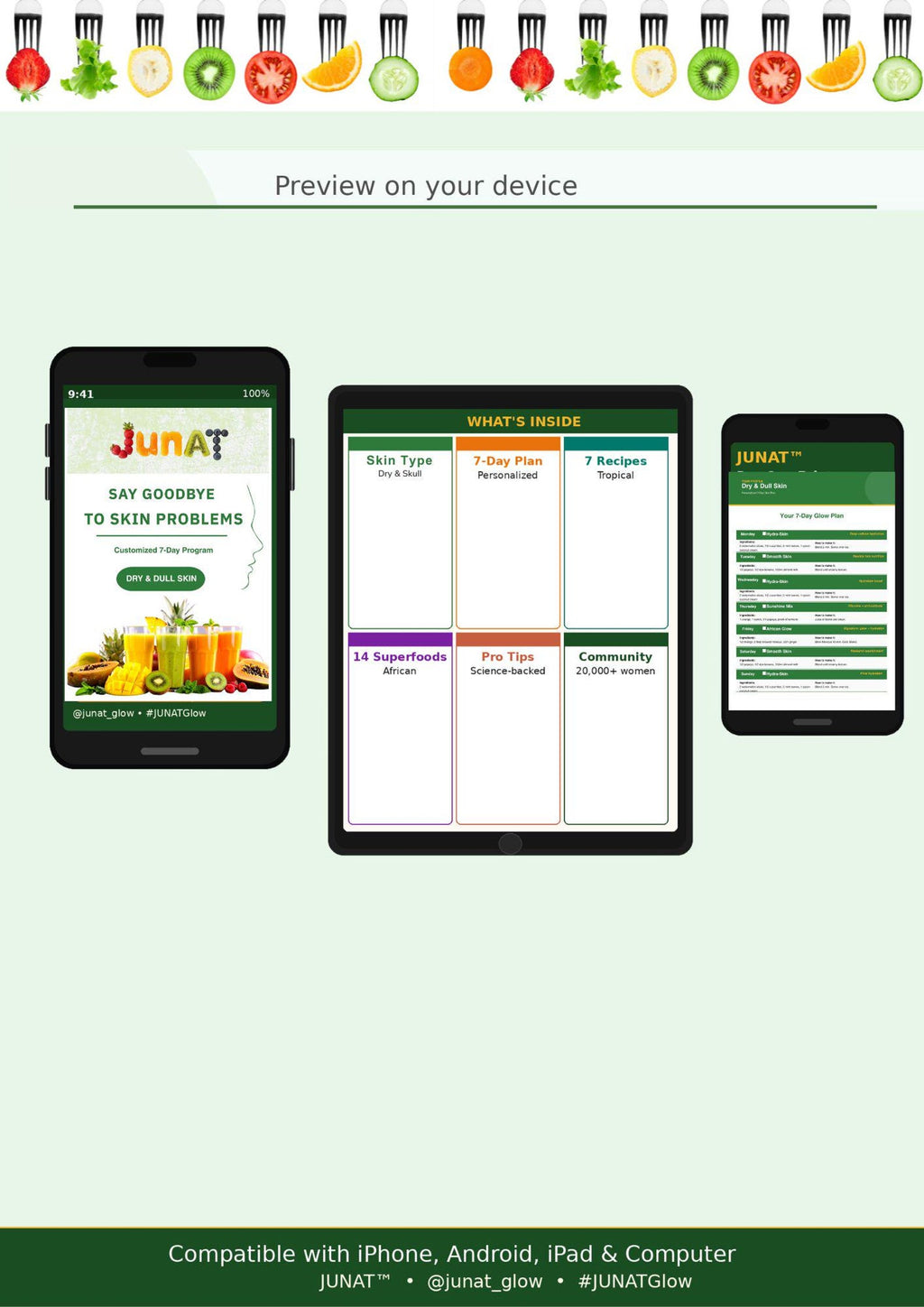 A promotional graphic for the JUNAT skin and wellness app, showing three device mockups (smartphone, tablet, and computer) displaying the app interface on a pale green background with fruit icons along the top.