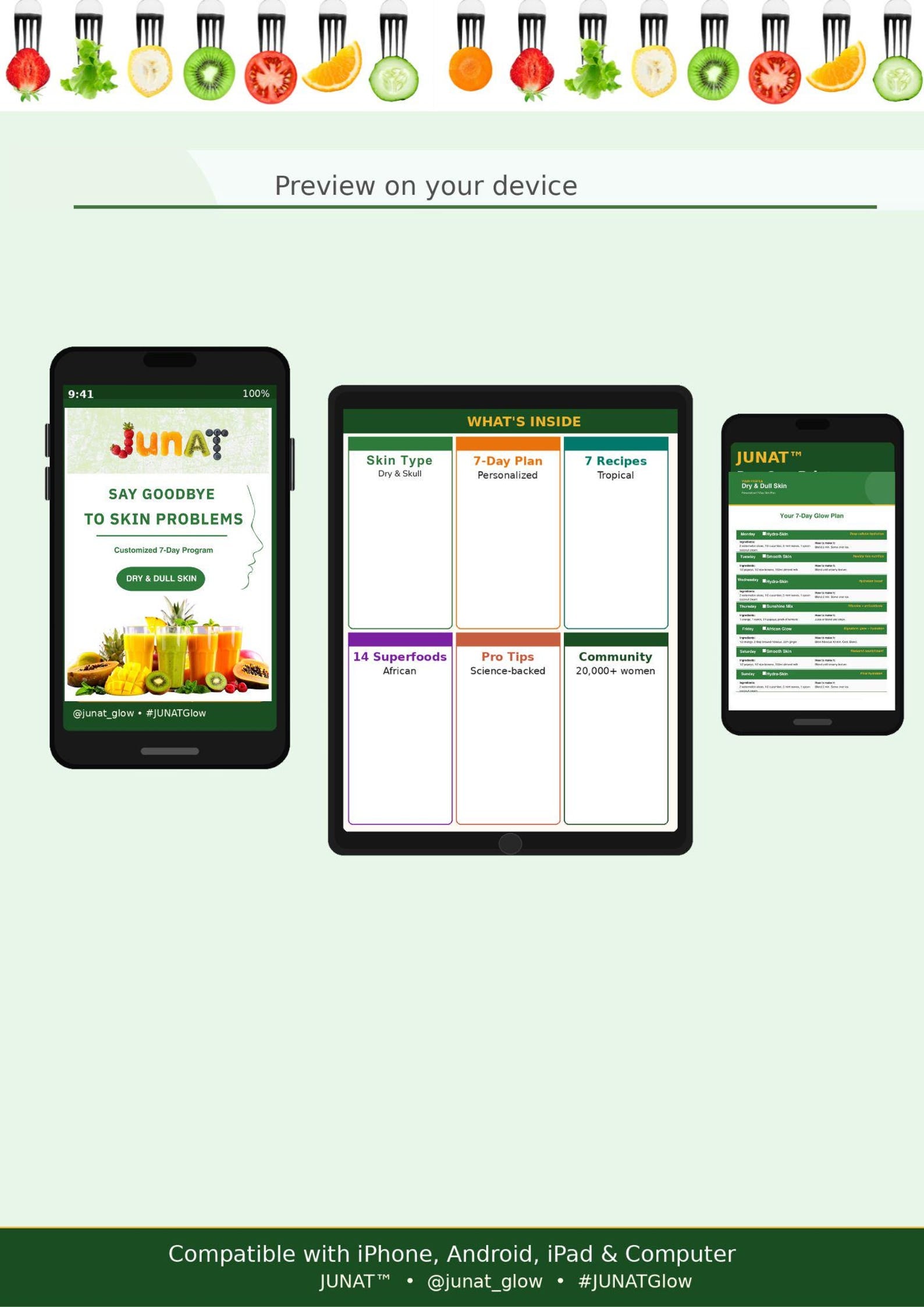 A promotional graphic for the JUNAT skin and wellness app, showing three device mockups (smartphone, tablet, and computer) displaying the app interface on a pale green background with fruit icons along the top.