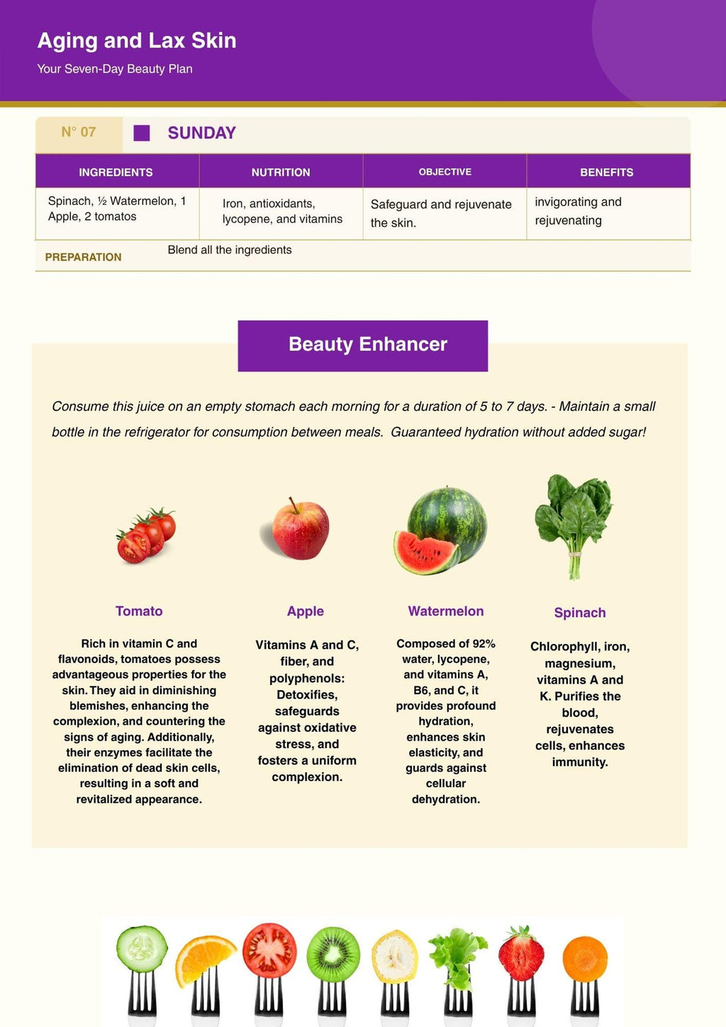 JUNAT A weekly beauty plan recipe card titled 'Aging and Lax Skin' with a purple header, a table listing ingredients, benefits, and preparation, plus illustrations of tomato, apple, watermelon, and spinach at the bottom.