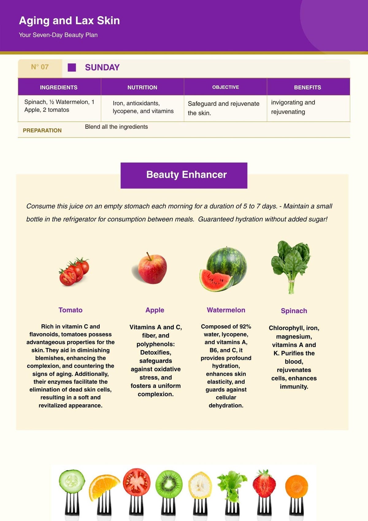 JUNAT A weekly beauty plan recipe card titled 'Aging and Lax Skin' with a purple header, a table listing ingredients, benefits, and preparation, plus illustrations of tomato, apple, watermelon, and spinach at the bottom.