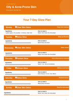 JUNAT A digital infographic titled 'Oily & Acne-Prone Skin Personalized 7 Day Skim Plan' featuring a 7-day glow plan with daily headers, ingredients, and instructions on how to make drinks, presented on a white background with orange accents.