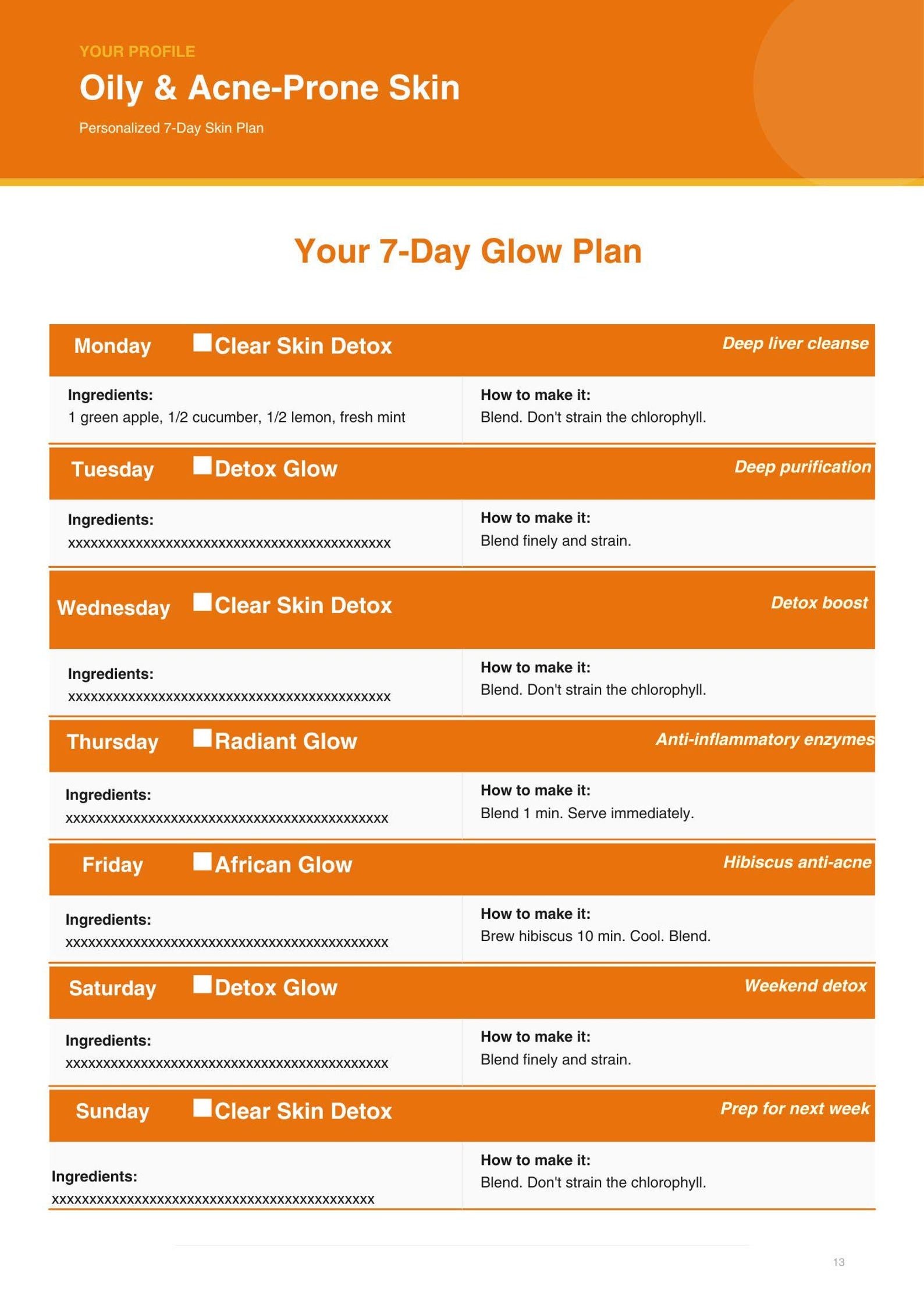 JUNAT A digital infographic titled 'Oily & Acne-Prone Skin Personalized 7 Day Skim Plan' featuring a 7-day glow plan with daily headers, ingredients, and instructions on how to make drinks, presented on a white background with orange accents.